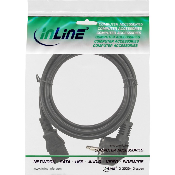 InLine? Netzkabel, Schutzkontakt gewinkelt auf Kaltger?testecker C13, 3m