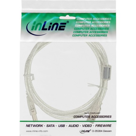 34557 - Câble InLine® USB 2.0, A vers B, transparent, avec noyau de ferrite, 7 m