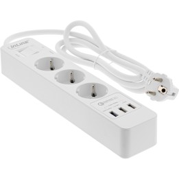 16491 - InLine® Multiprise, 3x contact de protection, protection de surtension et QuickCharge USB, avec interrupteur, 1,5m, blan