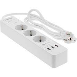 16491 - InLine® Multiprise, 3x contact de protection, protection de surtension et QuickCharge USB, avec interrupteur, 1,5m, blan