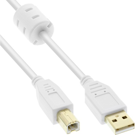 InLine? USB 2.0 Kabel, A an B, wei? / gold, mit Ferritkern, 5m