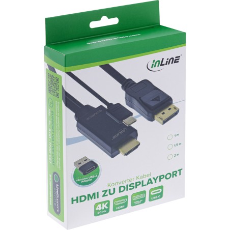 InLine® câble convertisseur HDMI vers DisplayPort, 4K/60Hz, noir, 2m