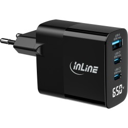 InLine? USB PD Netzteil, GaN Ladeger?t, 3-Port, USB-C  USB-A, 65W, mit Display