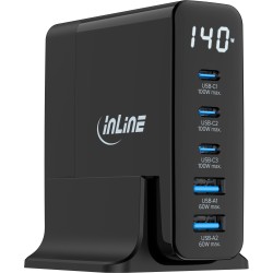 InLine® USB PD bloc d'alimentation, GaN chargeur, 5 ports, USB-C USB-A, 140W, avec écran