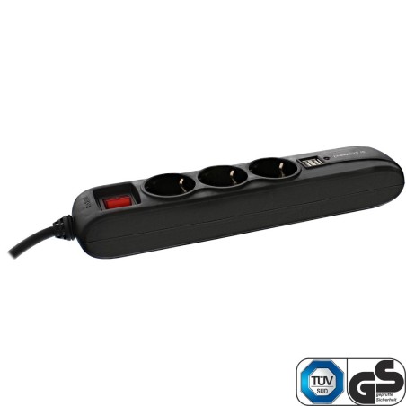 InLine® Steckdosenleiste, schwarz, 3-fach + 2x USB mit Schalter, 3x Schutzkontakt + 2x USB, 1,5m Zuleitung, mit Kindersicherung