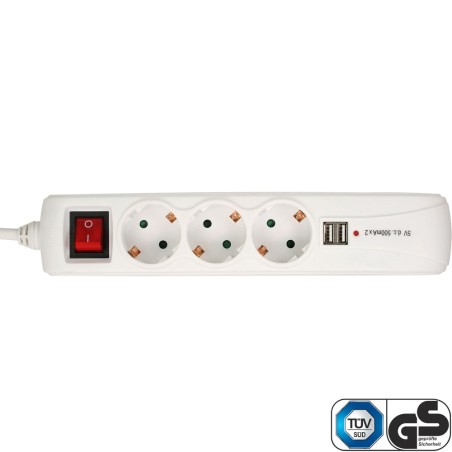 InLine® Steckdosenleiste, weiß, 3-fach + 2xUSB mit Schalter, 3x Schutzkontakt + 2x USB2, 1,5m Zuleitung und Kindersicherung