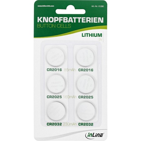 InLine® Knopfbatterien-Set, 3V Lithium, 2x CR2016, 2x CR2025, 2x CR2032, 6er Pack