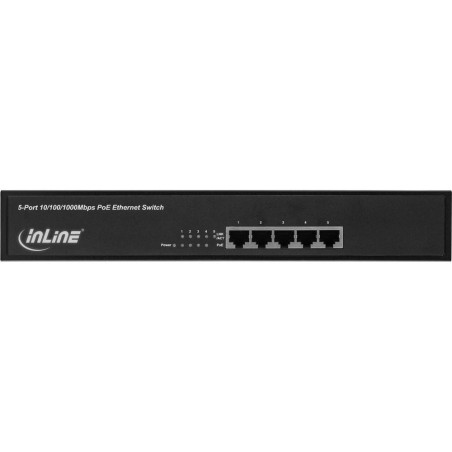 InLine® PoE+ Gigabit Netzwerk Switch 5 Port (4x PoE+), 1GBit/s, 11" (19" Winkel enthalten), Metall, lüfterlos