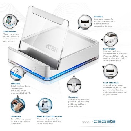 ATEN CS533 KM Switch 3-fach, USB zu Bluetooth, für Smartphone und Tablet