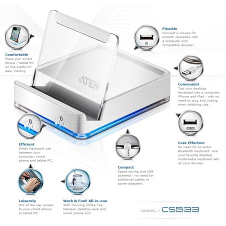 ATEN CS533 KM Switch 3-fach, USB zu Bluetooth, für Smartphone und Tablet
