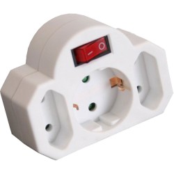 Euro-Schutzkontakt Adapter, Schutzkontakt Stecker an 2x Euro + 1x Schutzkontakt mit Schalter