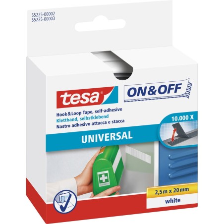 tesa On- & Off-Klettklebeband zum Aufkleben, 2,5m x 20mm, weiß
