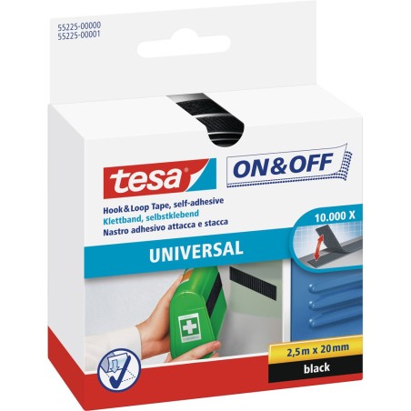 tesa On- & Off-Klettklebeband zum Aufkleben, 2,5m x 20mm, schwarz