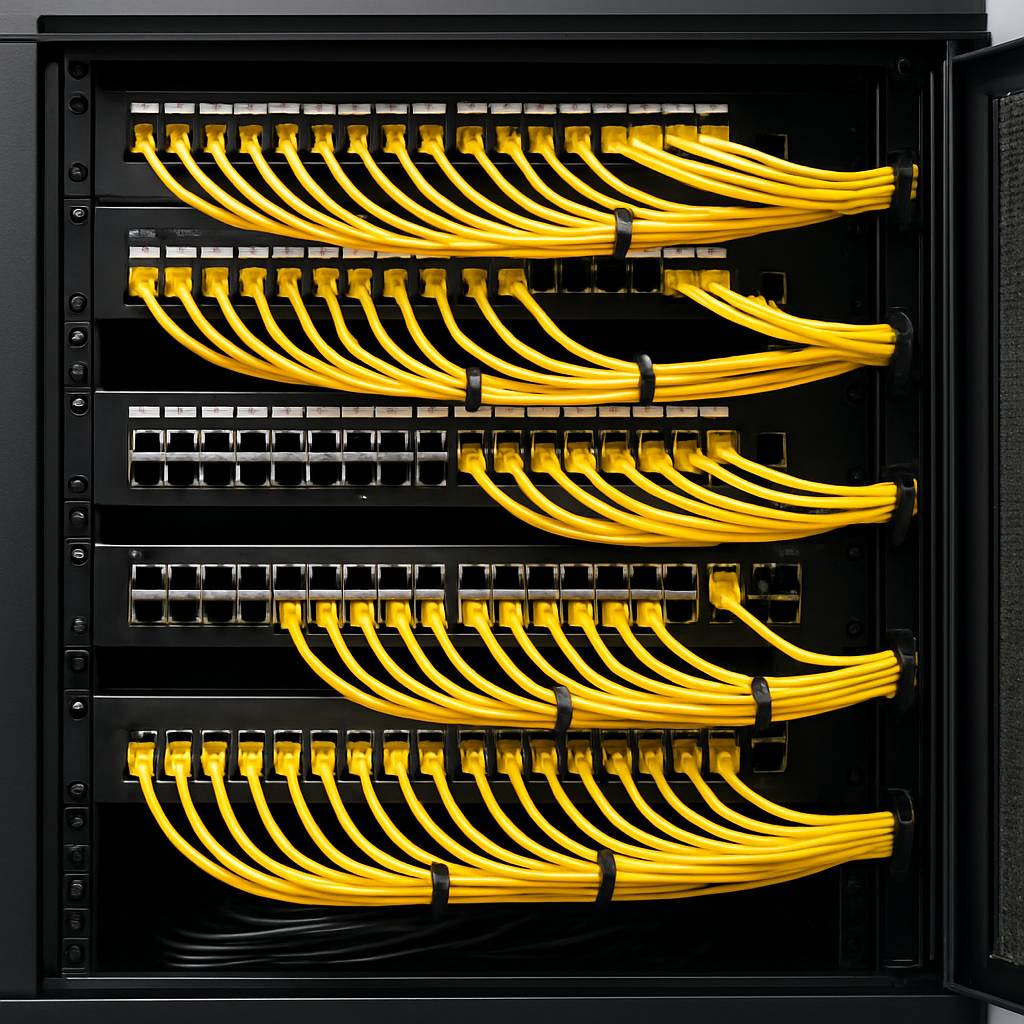 Exemple d'organisation des câbles dans une baie informatique professionnelle avec repérage et gestion optimale